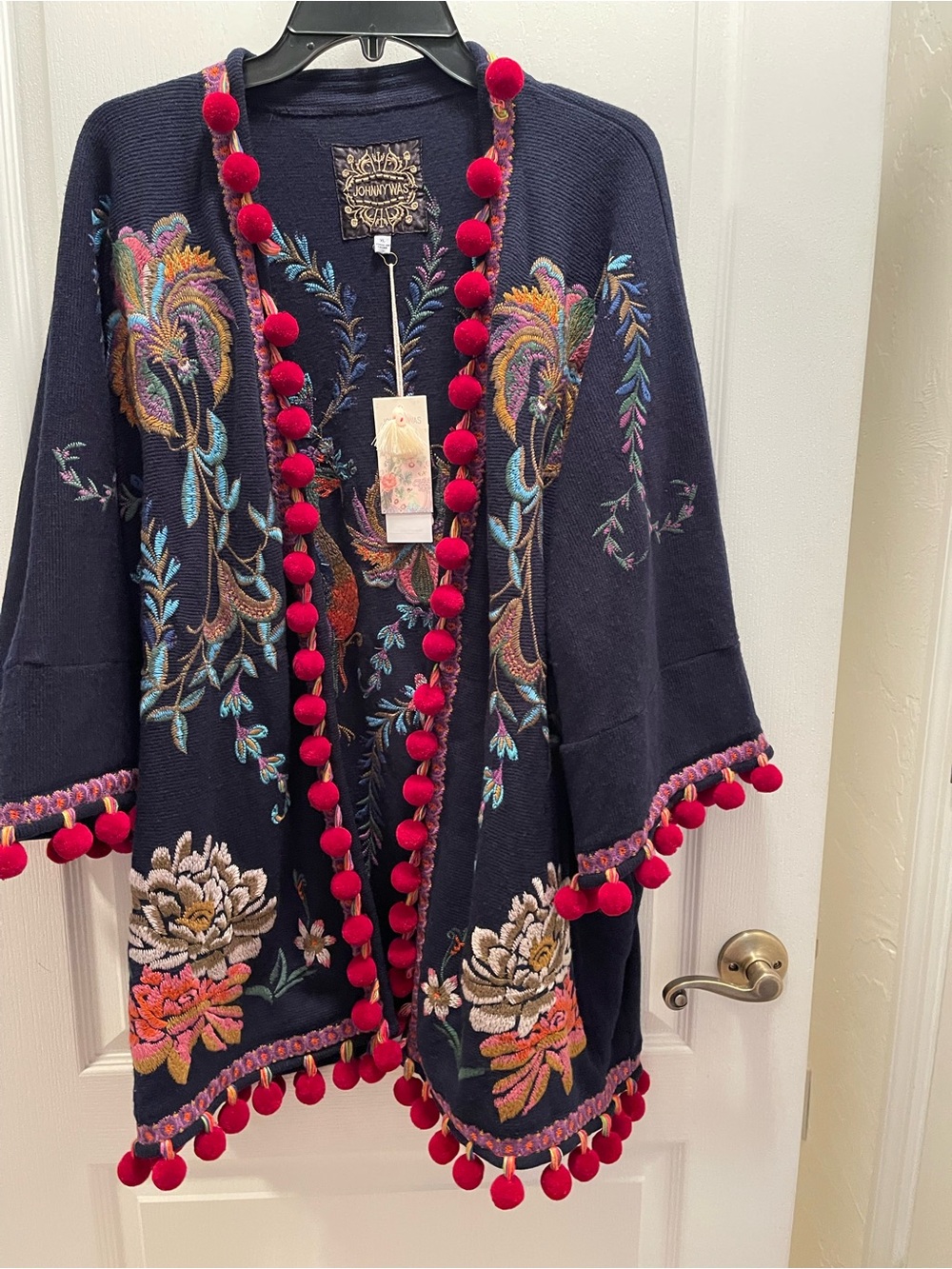 Johnny Was Embroidered Navy Pom-Pom Floral Open Cardigan